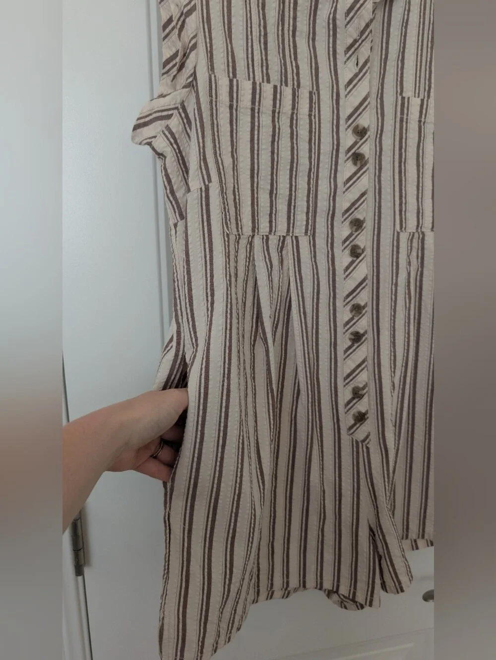 Sleeveless Striped Button-Front Cotton Romper in Beige and Brown S